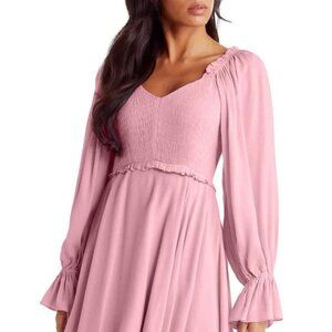 *NEW* Long Sleeve Smocked V Neck Elastic Waist Mini Babydoll Dress